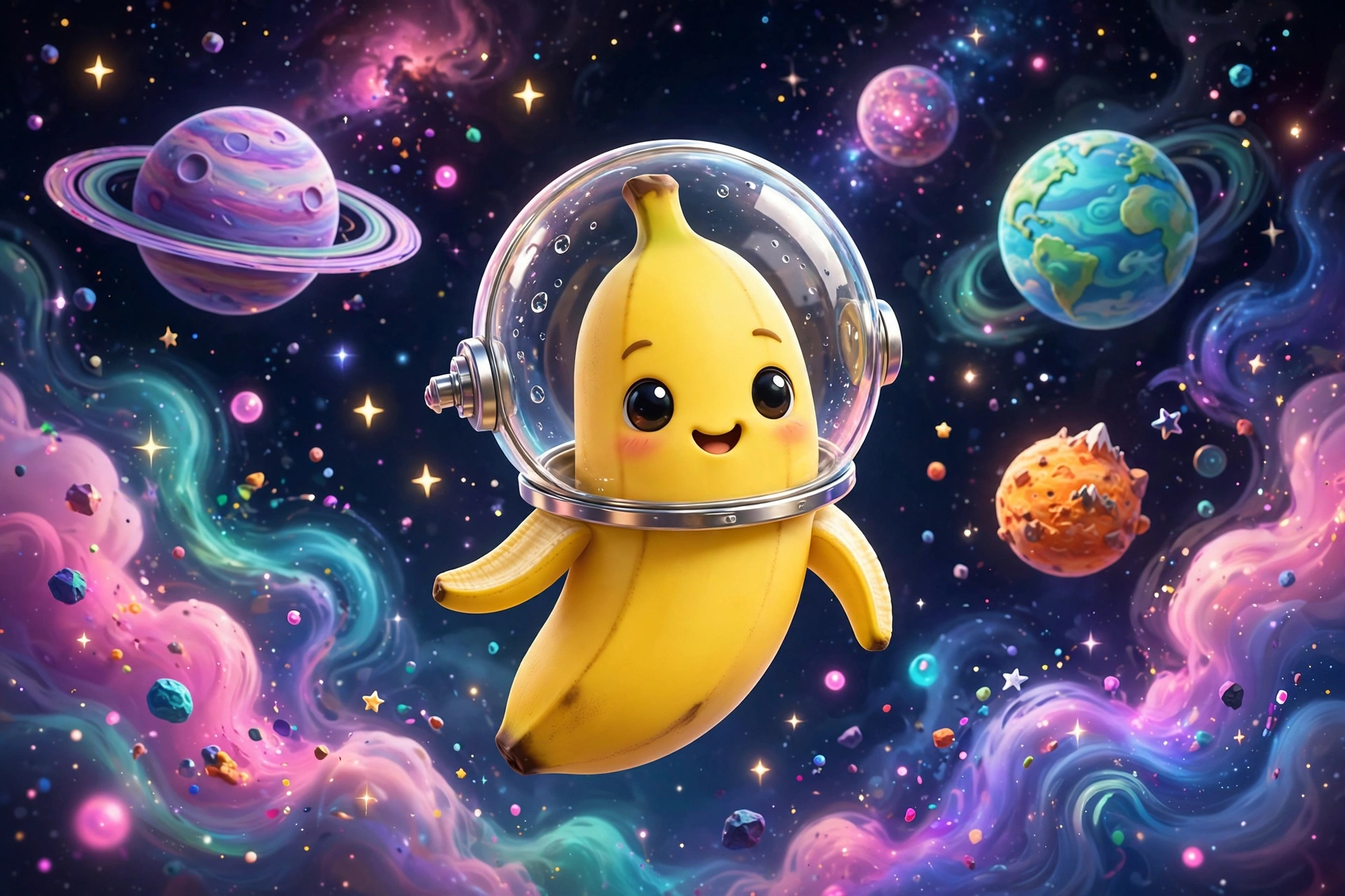 Ilustración generada con IA: un plátano con casco de astronauta flotando entre planetas de colores
