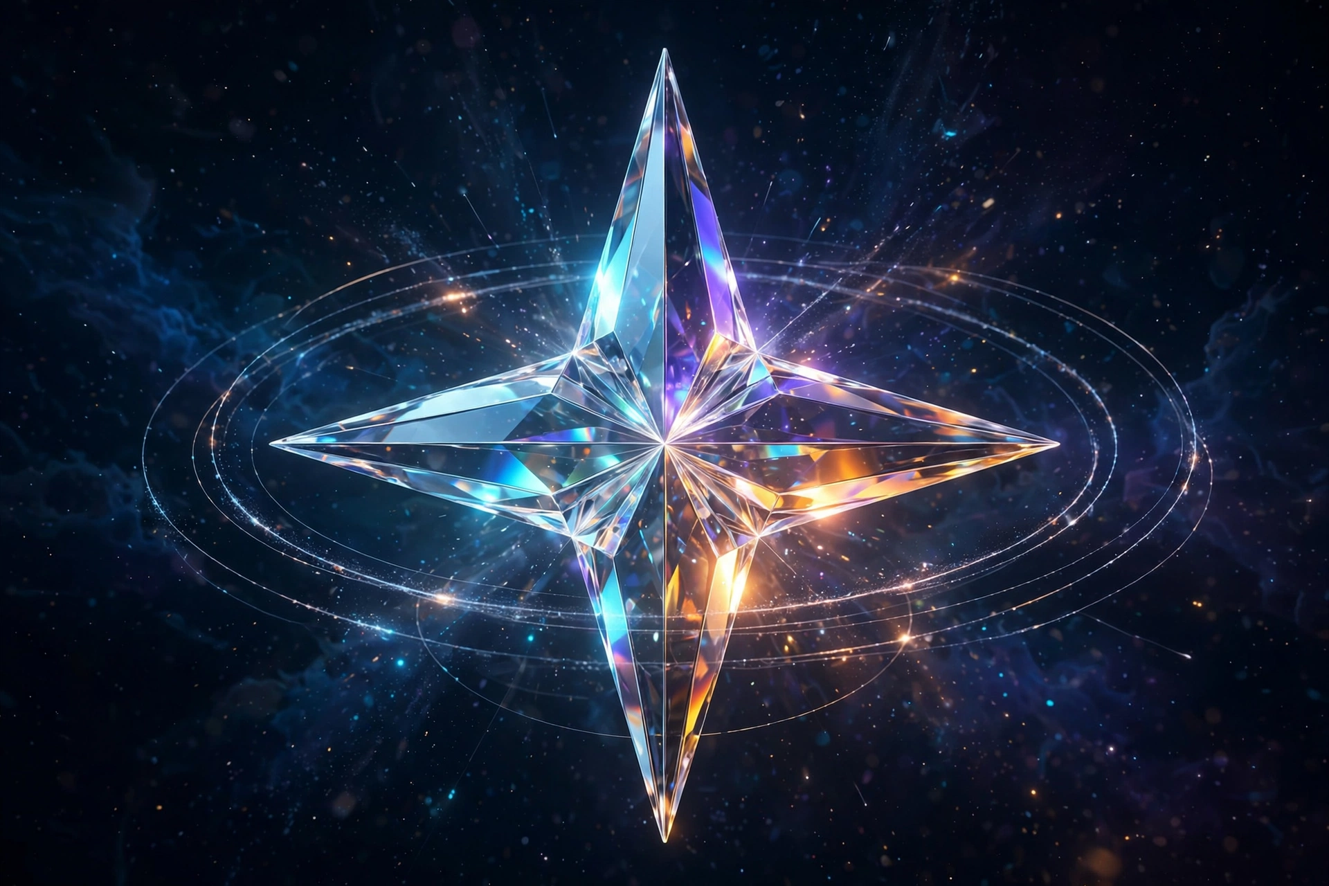 Estrella iridiscente de cristal flotando en el espacio, símbolo de Gemini
